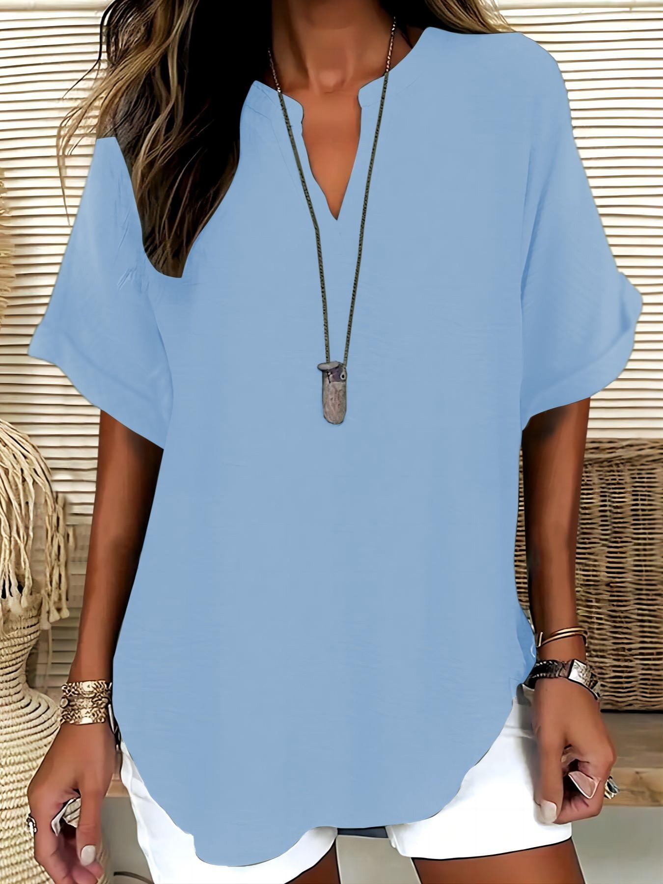 Women's Simple Vintage Solid V-Neck Short Sleeve Shirt Blouses, Casual Loose-Fitting Pullover, 100% Polyester, All Seasons Fashion Top