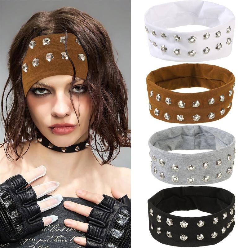 AWAYTR Punk Y2k Flower Hollow Out Grommet Wide Headbands for Women Elastic Head Bands Girls Fashion Grunge Stretchy Hair Band Hair Accessories
