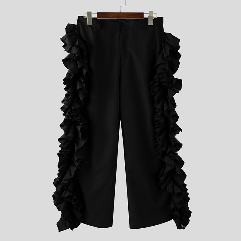 INCERUN Mens High Waist Zipper Ruffles Holiday Party Casual Loose Bottoms Wide Leg Trousers Long Pants