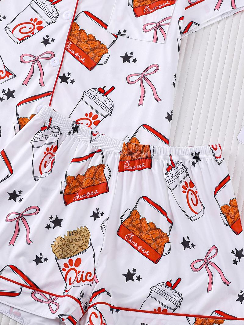 2-Piece Spring/Summer Set: Full-body Fries, Fried Chicken, Bow, Star, Beverage Print Short Sleeve Shorts - Soft & Comfortable Top with Small Pockets, Turned-Down Collar, Elastic Waistband - Suitable for Year-Round Home, Casual, Everyday Wear, Sleepwear