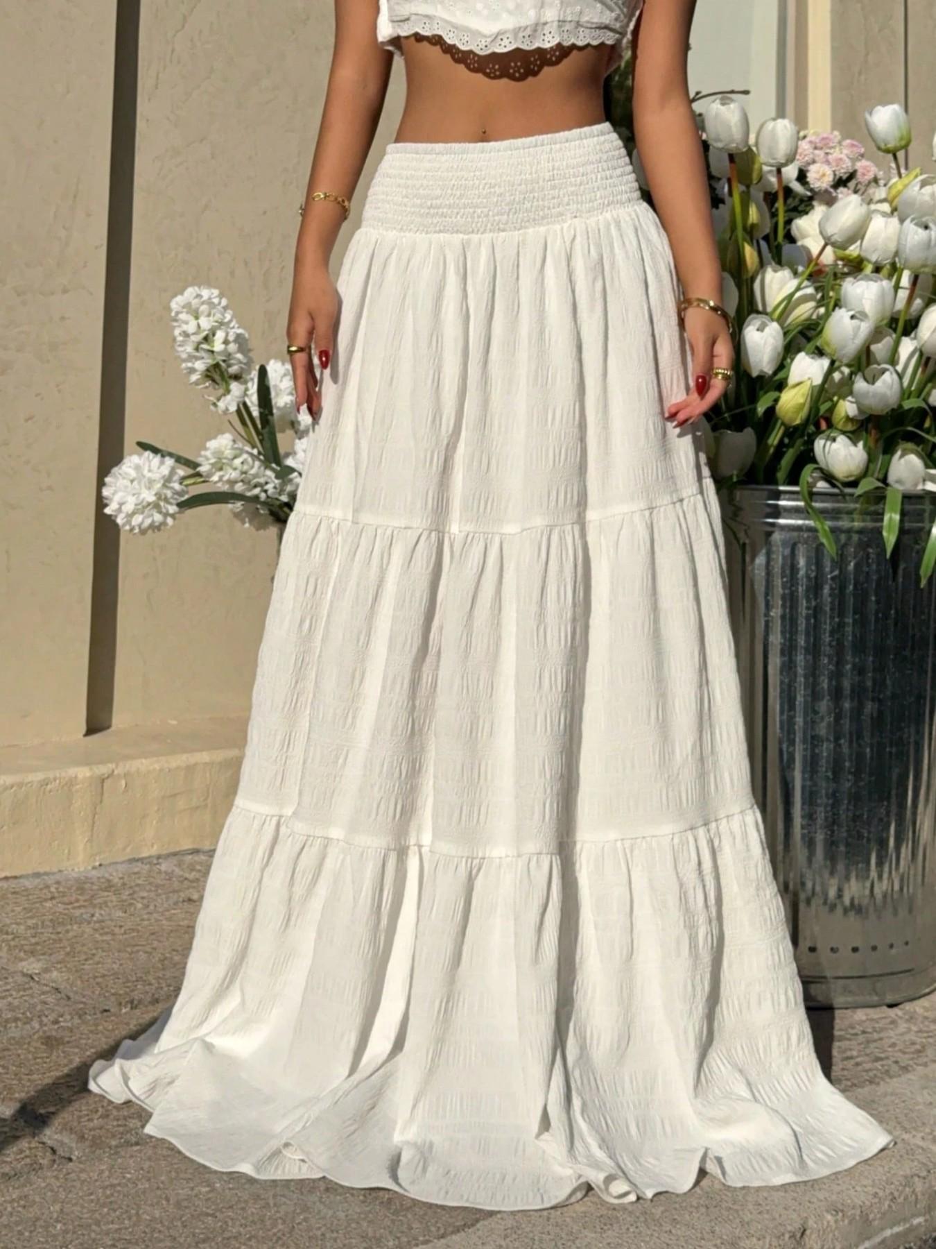 Women's Textured High Waist Cake Skirt, Boho Style Long Skirt, Elastic Waist, A-Line Slimming Fit, Spring & Fall Fashion