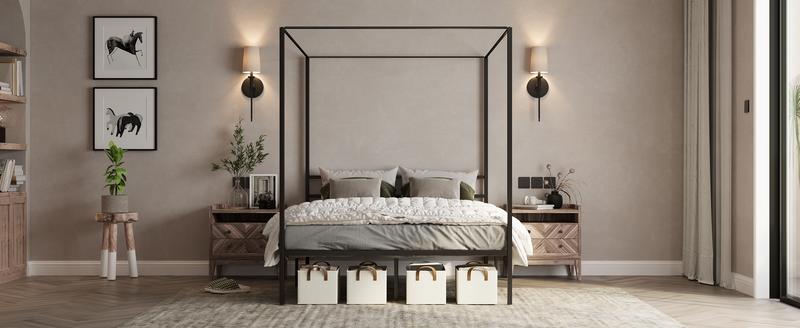 YITAHOME Canopy Bed Frame Metal Four Posters 14 Inch Platform with Built-in Headboard Strong Metal Slat Mattress Support, No Box Spring Needed