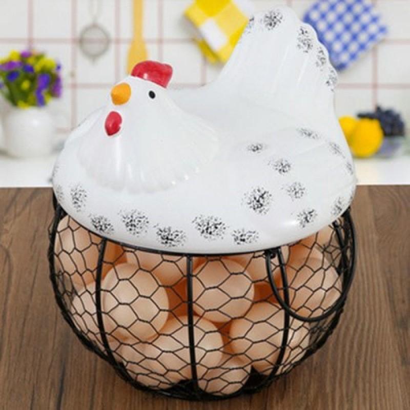 Farmhouse Style Ceramic Chicken Egg Basket with Metal Wire and Lid, Decorative Multi-Functional Kitchen Storage Box for Eggs Fruits Vegetables