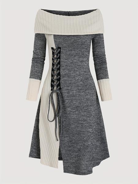 Women's Colorblock Lace Up Off Shoulder Dress, Casual Grommet Eyelet Long Sleeve A Line Dress for Fall & Winter, Women's Clothing for Daily Wear