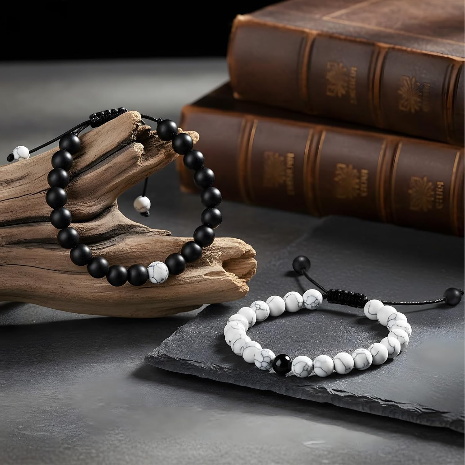 Couples Bracelets Long Distance Matching Bracelets 8mm Howlite Beads Black Matte  for Couples His and Her Gifts