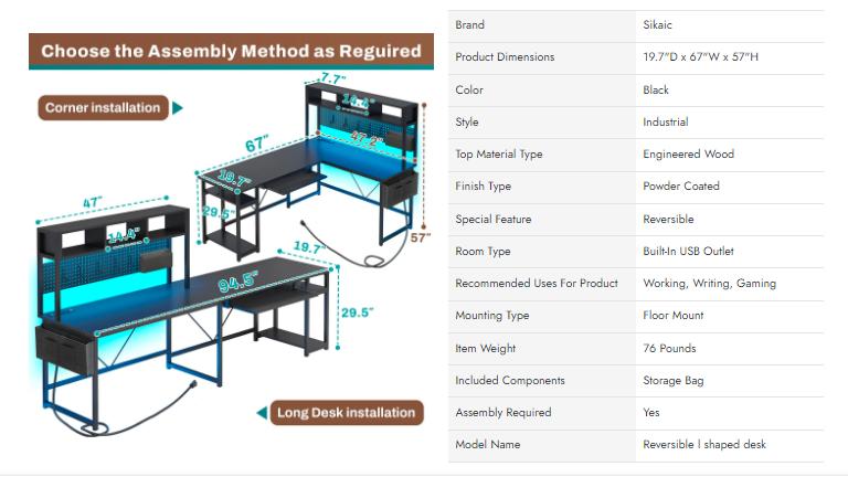 Sikaic L Shaped Reversible Gaming Desk With Power Outlets Keyboard Tray Ergonomic Modern Furniture Adjustable Dual Monitor Mount Ample Storage Space Hutch