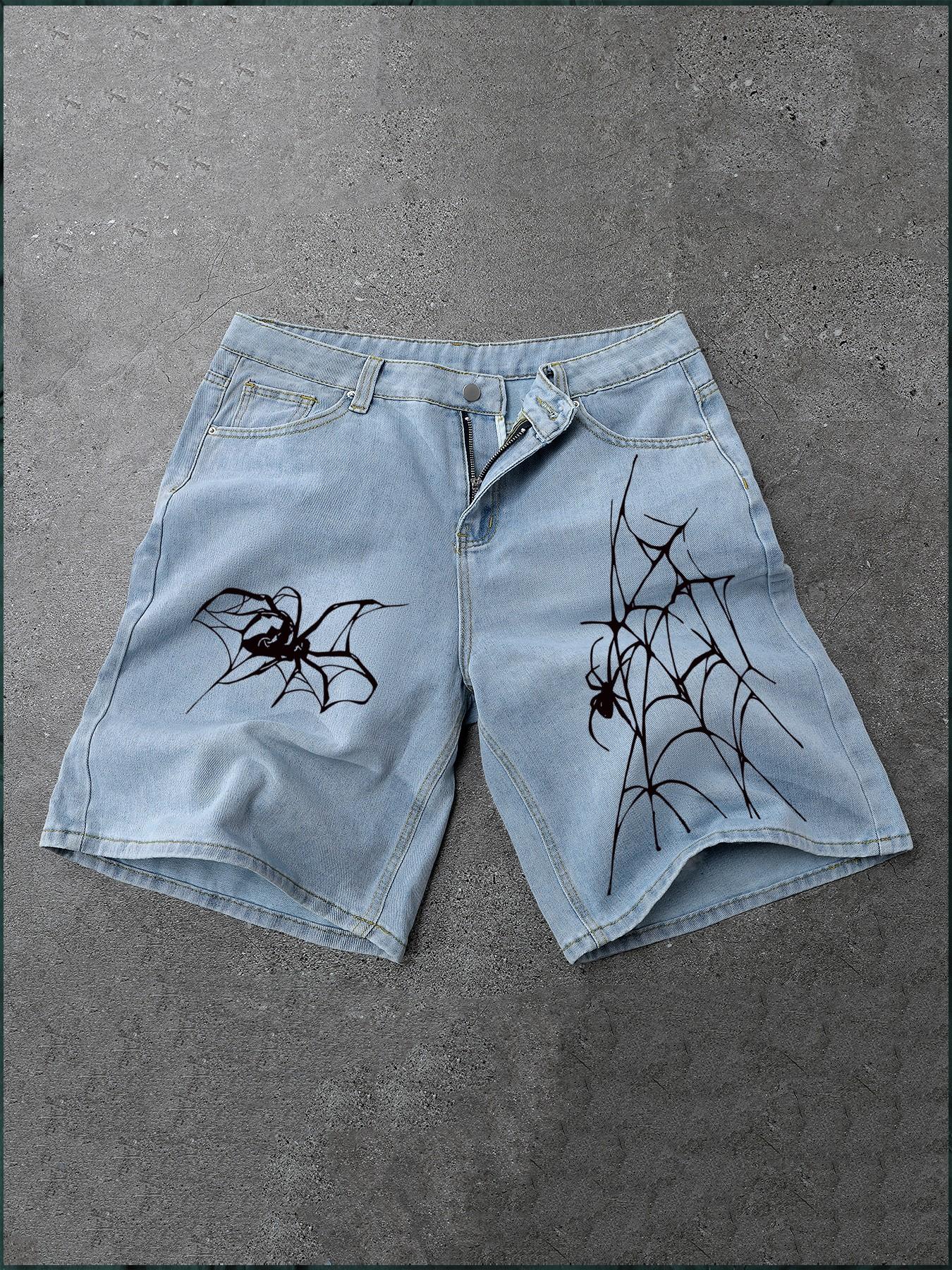 Men's Spider Web Print Denim Shorts, Y2K Gothic Street Style, Hip Hop Casual Loose Fit, Summer Daily Wear, Graphic Pattern