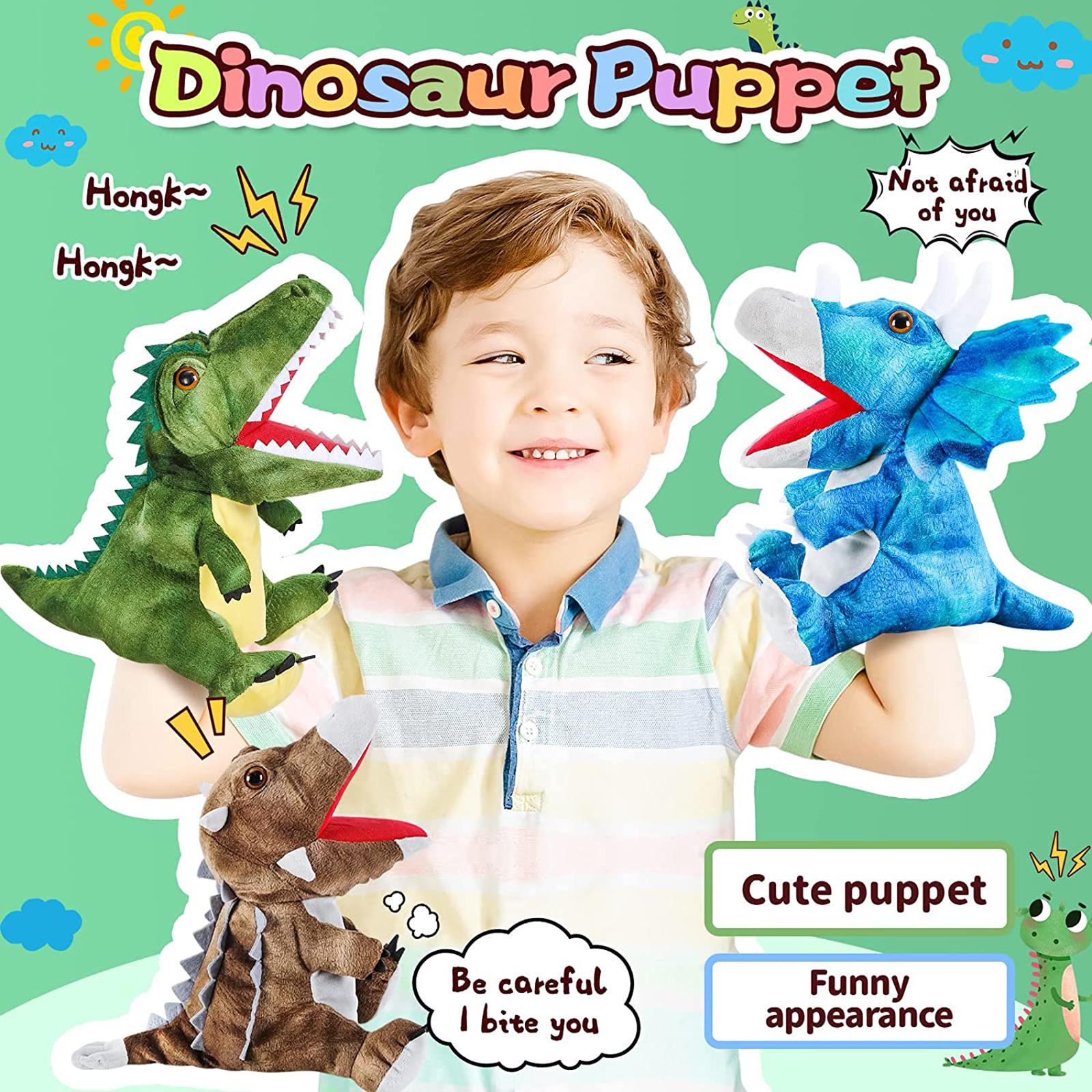 Dinosaur Hand Puppets Interactive Toy 11.8 Inch Plush Stuffed Animals with Open Movable Mouth, Stuffed Animal Puppets Interactive Toy Storytelling Gifts for Birthday,Imaginative Play, Girls, Boys