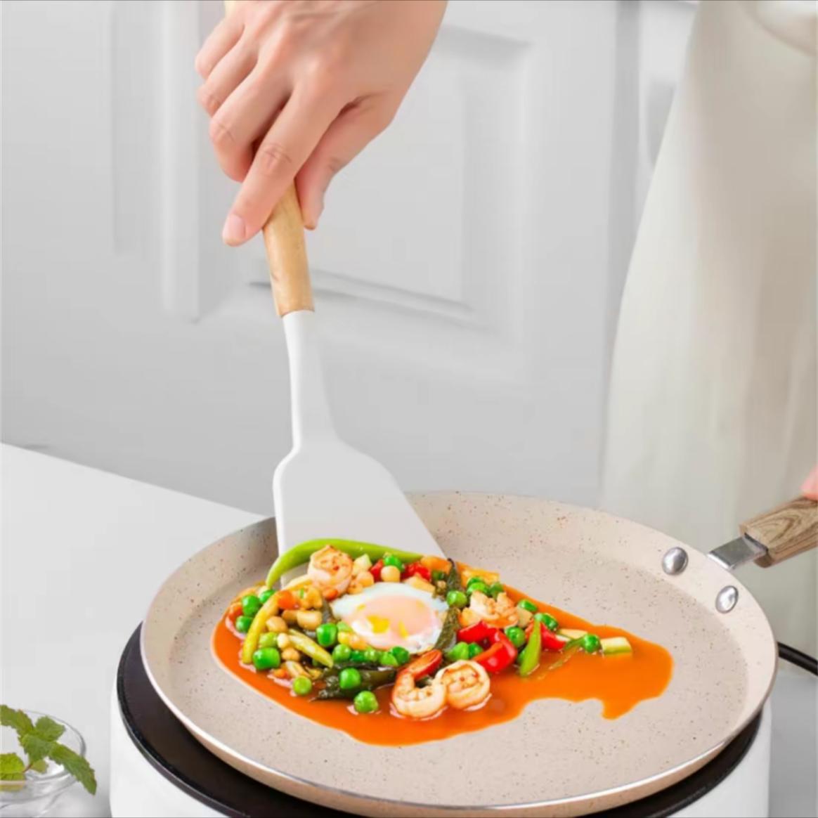 18 Piece High Quality Silicone Kitchenware SetWith Wooden Handle & Knife- Non-Stick CookingTools & Bamboo Storage Container -PerfectKitchen Tools For Easy Cooking & CleaningUtensils White Black Pink