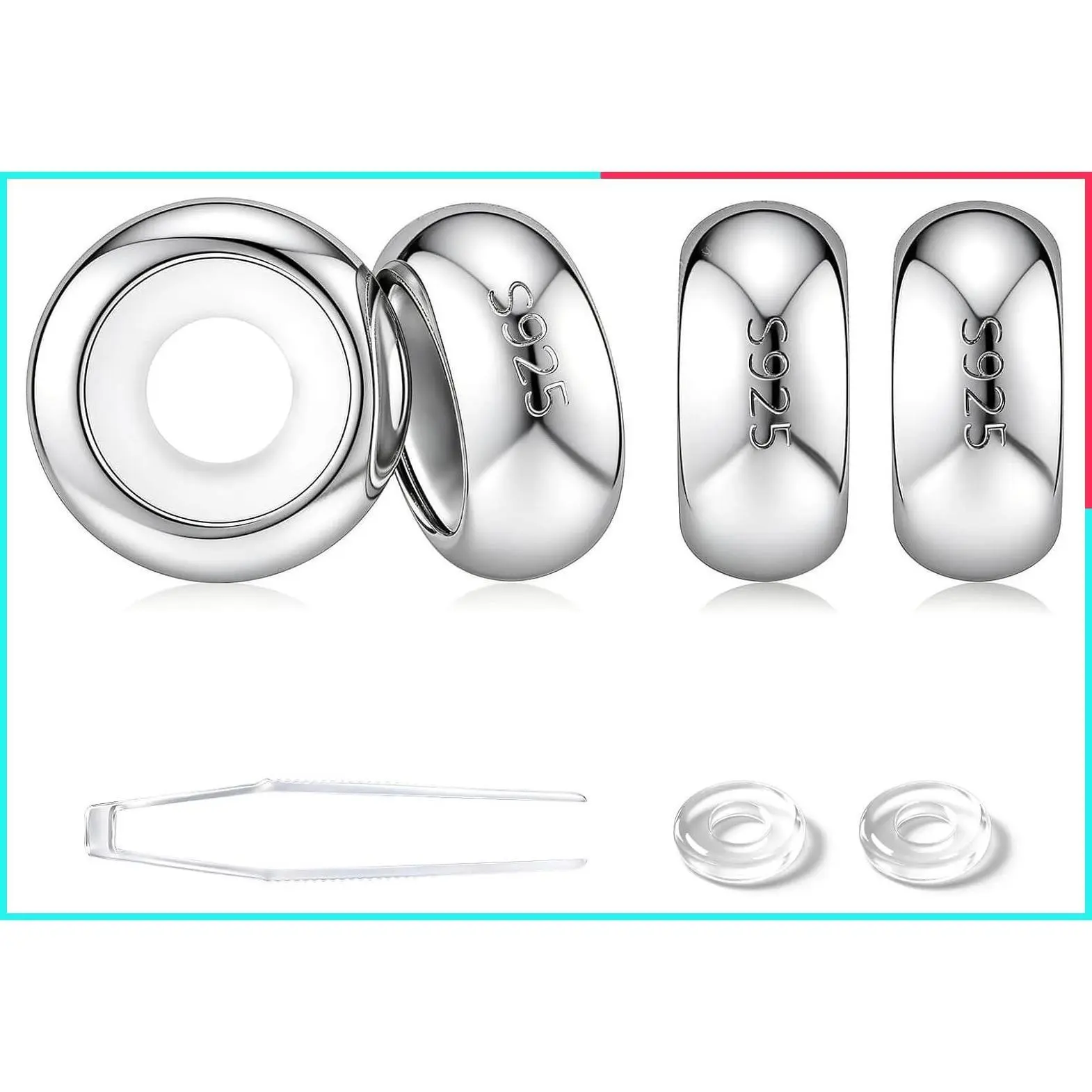 925 Sterling Silver Stoppers Charms for Bracelets, 3mm Spacers for 3mm 4mm Round Bracelet with Rubber, 925 Stopper Beads, Polishing Cloth Velvet Bag for Jewelry Making