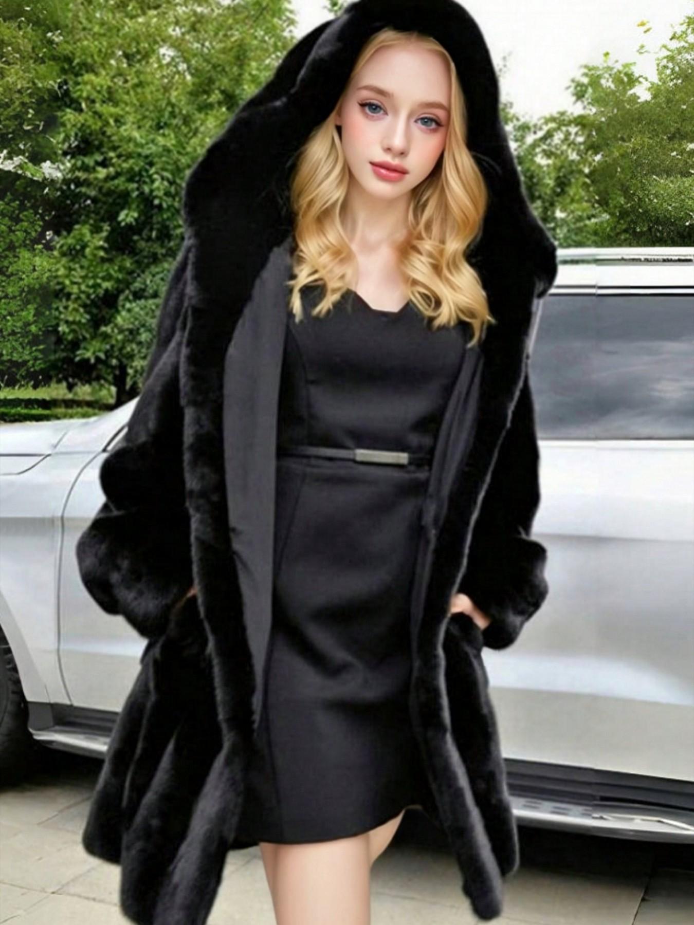 Women's Hooded Faux Fur Coat, Loose Mid-Length Luxurious Plush Jacket, Soft Puffy Texture, Elegant Fall Winter Outerwear