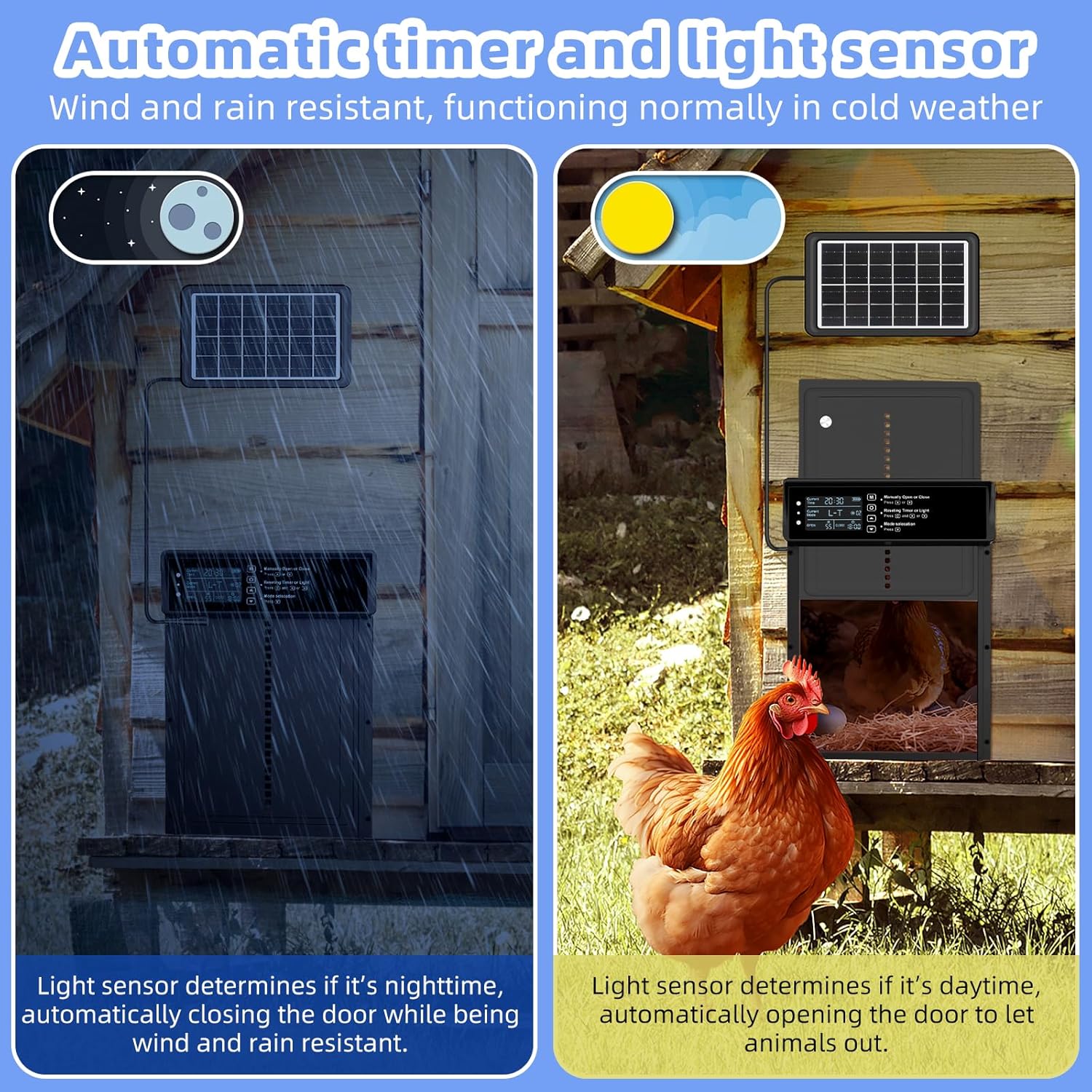 Solar Automatic Chicken Coop Door with LCD Screen, Timer Light Sensor Remote Manual Rechargeable Electric Poultry Gate, Chicken Coop Enclosure