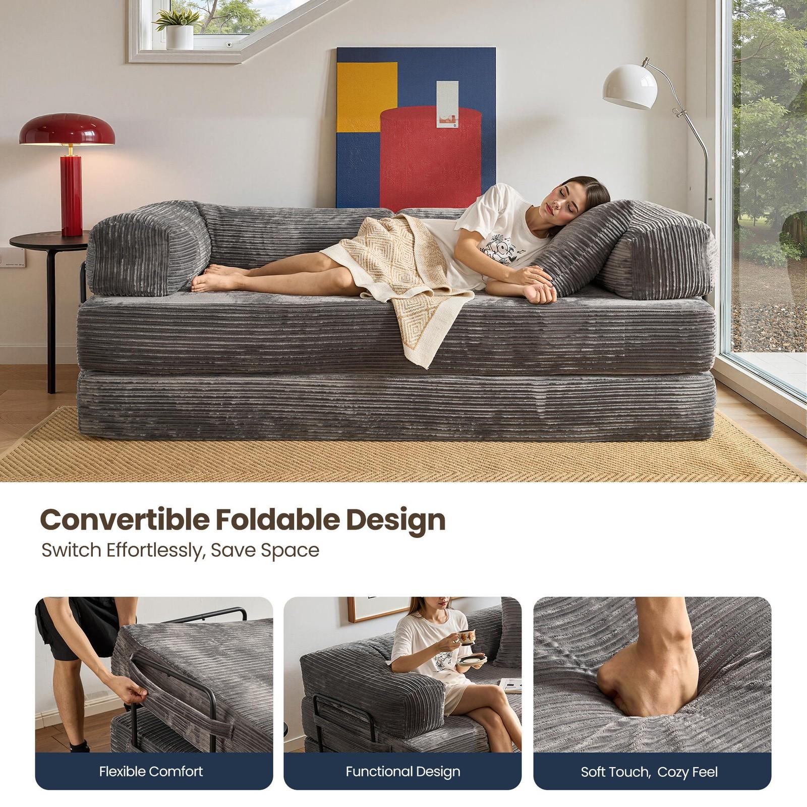 80'' Oversized Boneless Couch, 5-in-1 Convertible Sleeper Futon Sofa Bed with 2 Pillows, Deep Seat Corduroy Floor Sofa for Small Spaces, Foldable Modular Pull Out Couch for Guest Bed & Kids Play Area, No Assembly