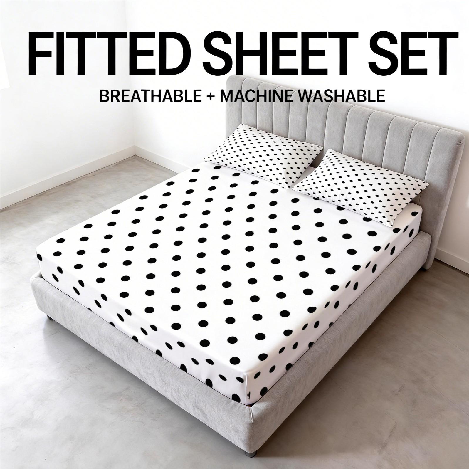 Polka Dot Fitted Sheet Set, 3 Pieces (1 Fitted Sheet + 2 Pillowcases, No Pillow Insert Included), Classic Minimalist Style, Breathable and Comfortable Fabric, Suitable for Teens and Adults Bedroom Decor, Perfect for Family Use