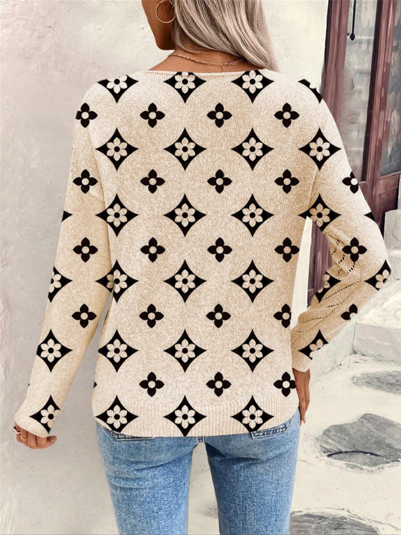 Women's Geometric Print Long Sleeve Knit Top, Casual Elegant Vacation Style Sweater, Loose V Neck, Comfortable Warm, Fall Winter
