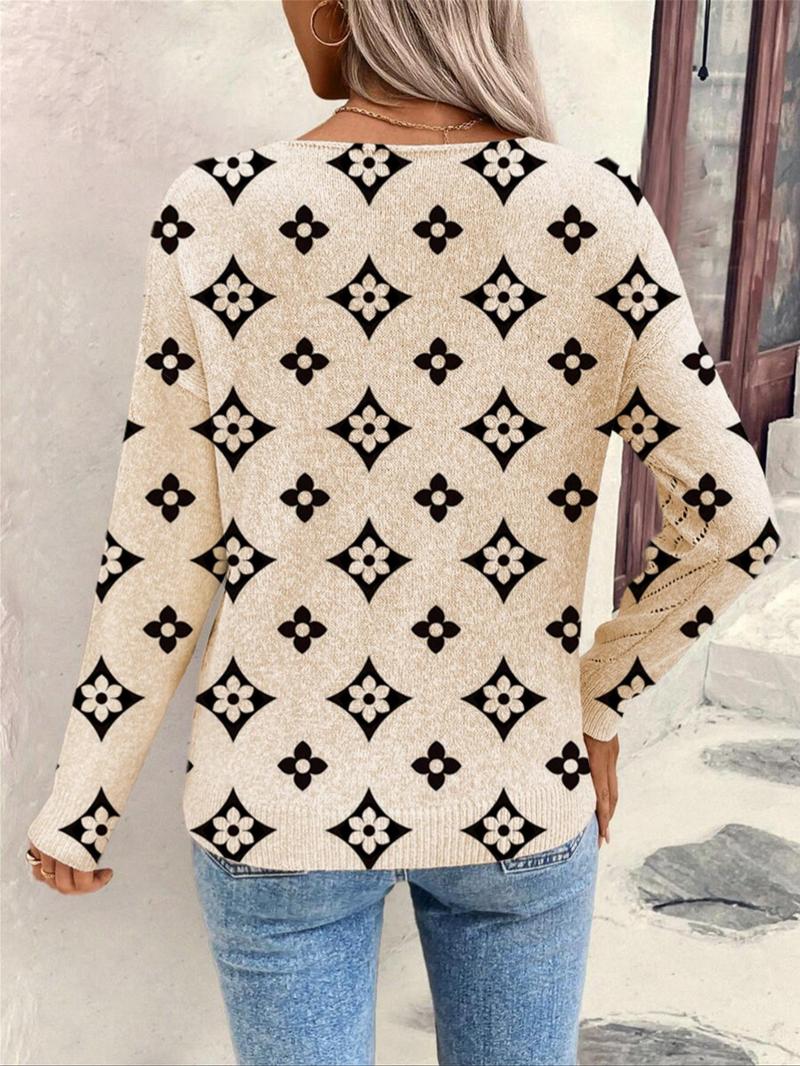Women's Geometric Print Long Sleeve Knit Top, Casual Elegant Vacation Style Sweater, Loose V Neck, Comfortable Warm, Fall Winter