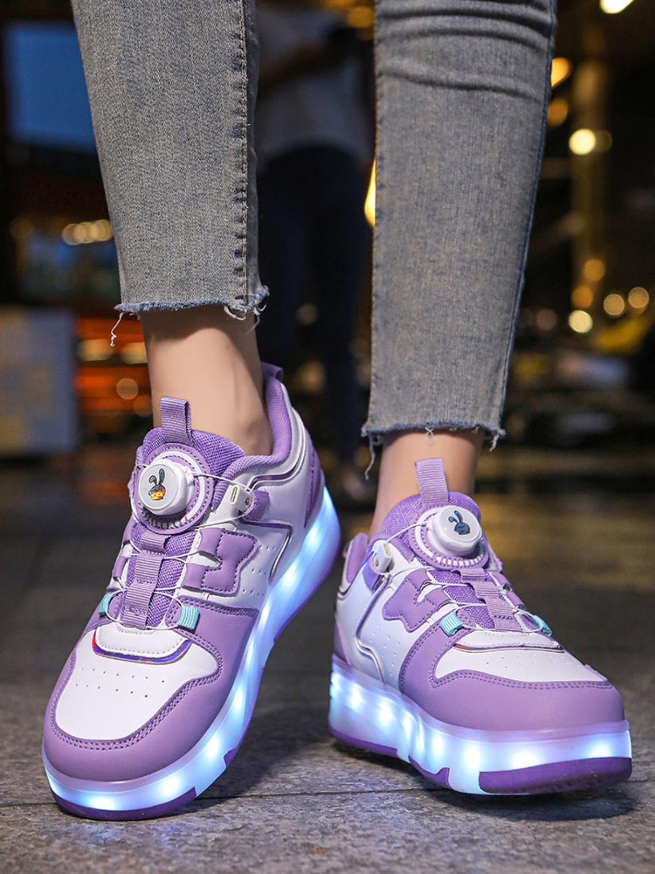 Girls' Four-Wheel Roller Skates, Adjustable LED Light-Up Shoes, PU Leather, USB Charging, Detachable Wheels, All-Season Casual Style