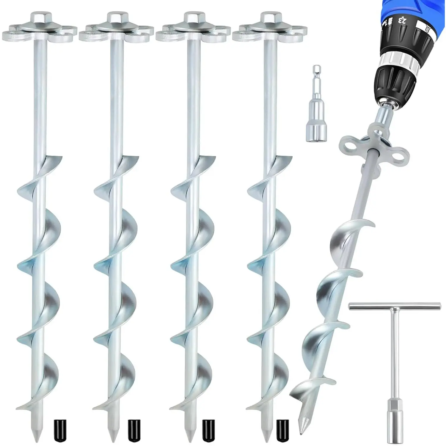 Ground Screw in – 4 Pack Spiral Tent Stakes duty with & T-Handle, 12 Inch Trampoline with Hook & Ring for Tents, Sheds, Canopies, Swing Sets, Gazebo(4)