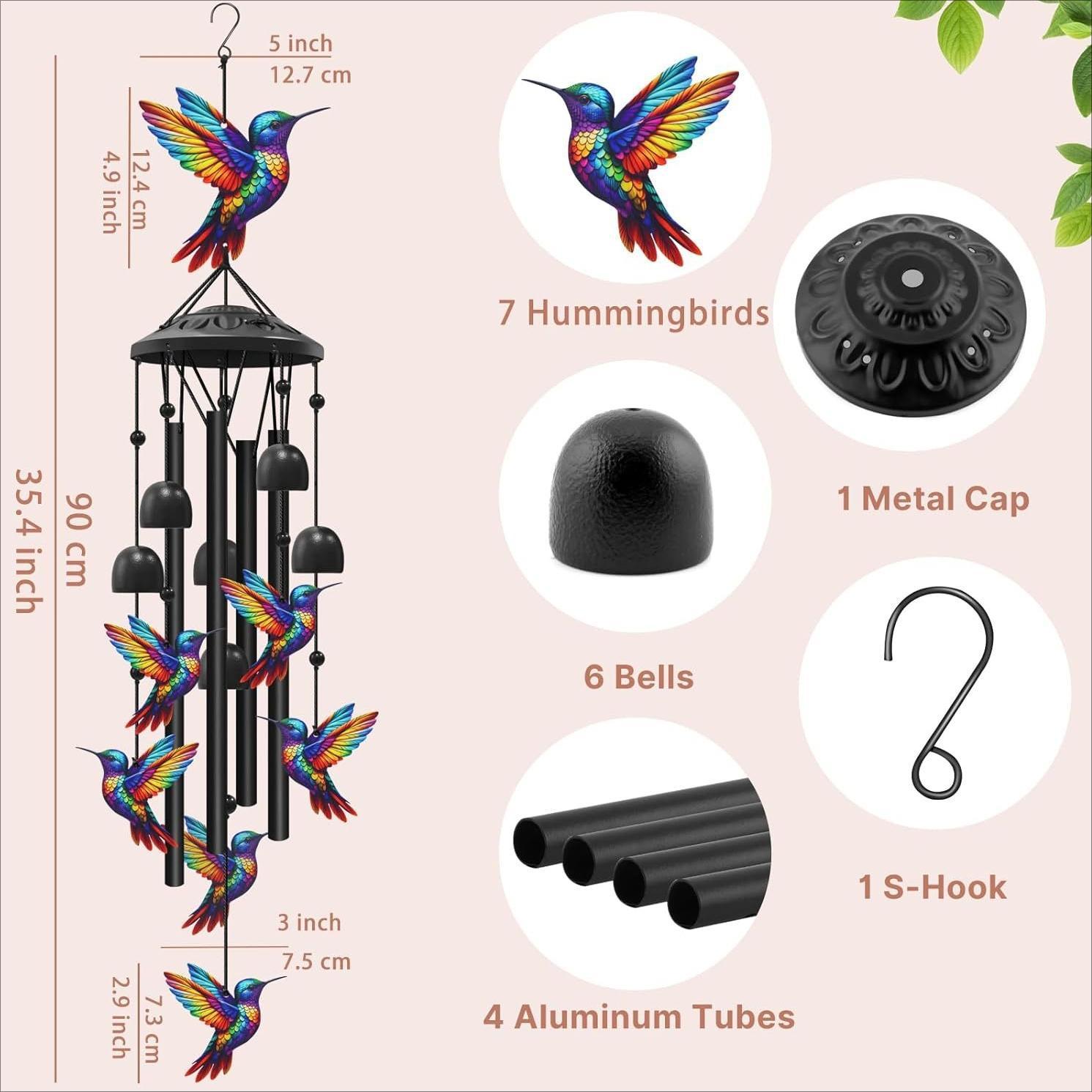 Vintage Hummingbird Wind Chime with Melodic Metal Tubes - Porch Mount Outdoor Garden Decor, Bird Lover Gift for Patio, Soothing Hanging Bell