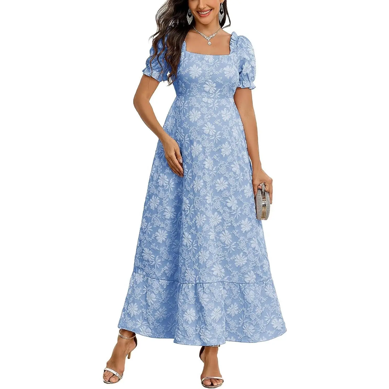 Floral Jacquard Square Neck Puff Sleeve Maternity Dress A Line Maxi Pregnancy Dresses Baby Shower Photoshoot