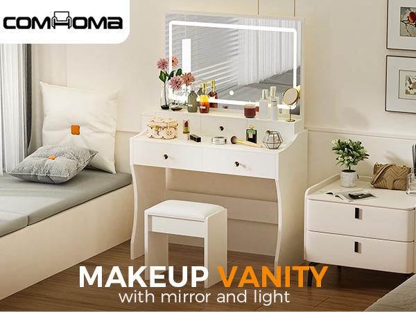 COMHOMA Makeup Vanity Desk with Mirror and Lights, Vanity Table and Chair Set with 5 Drawers and Charging Station, Bedroom Dresser LED Mirror Stepless Dimmable & 3 Color Modes Adjustable, Pure White