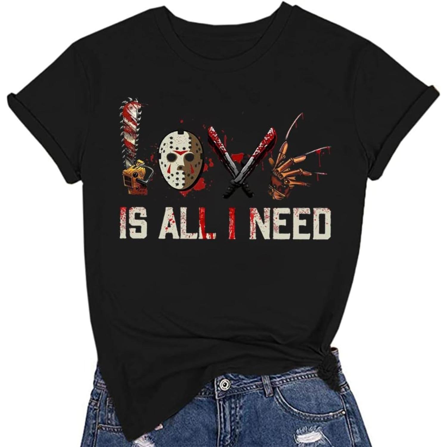 Women's Halloween Squad T-Shirt - Short-Sleeve Casual Horror Movie Graphic Top, Halloween Shirts for Women, "Love is All I Need" Novelty Scary Tee Crewneck Womenswear Women's Halloween Squad T-Shirt - Short-Sleeve Casual Horror Movie Graphic Top, Halloween Shirts for Women, "Love is All I Need" Novelty Scary Tee Crewneck Womenswear