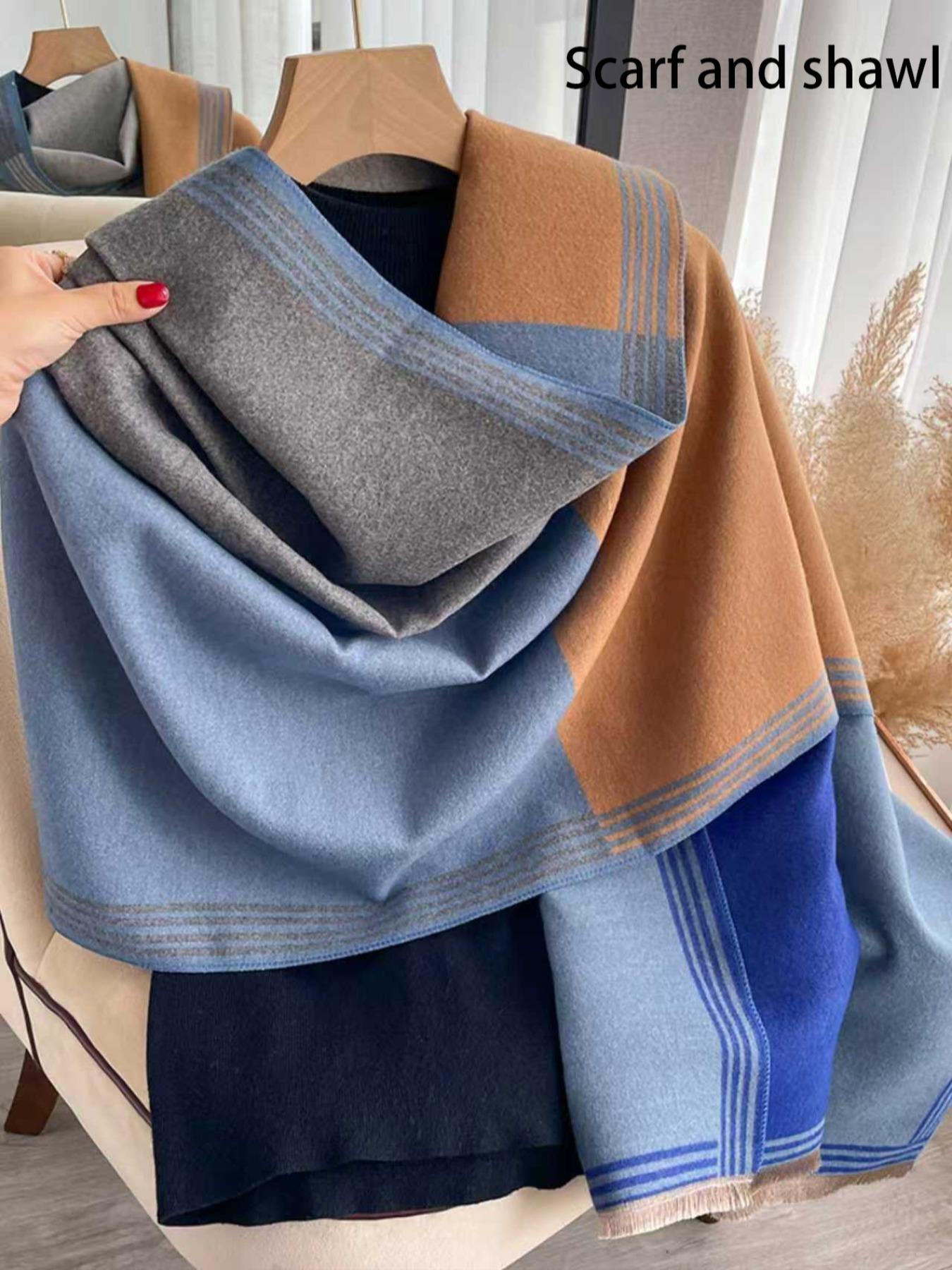 Women's Colorblock Tassel Decor Double Sided Scarf, Casual Soft Warm Shawl for Fall & Winter, Fashion Accessories for Women & Men