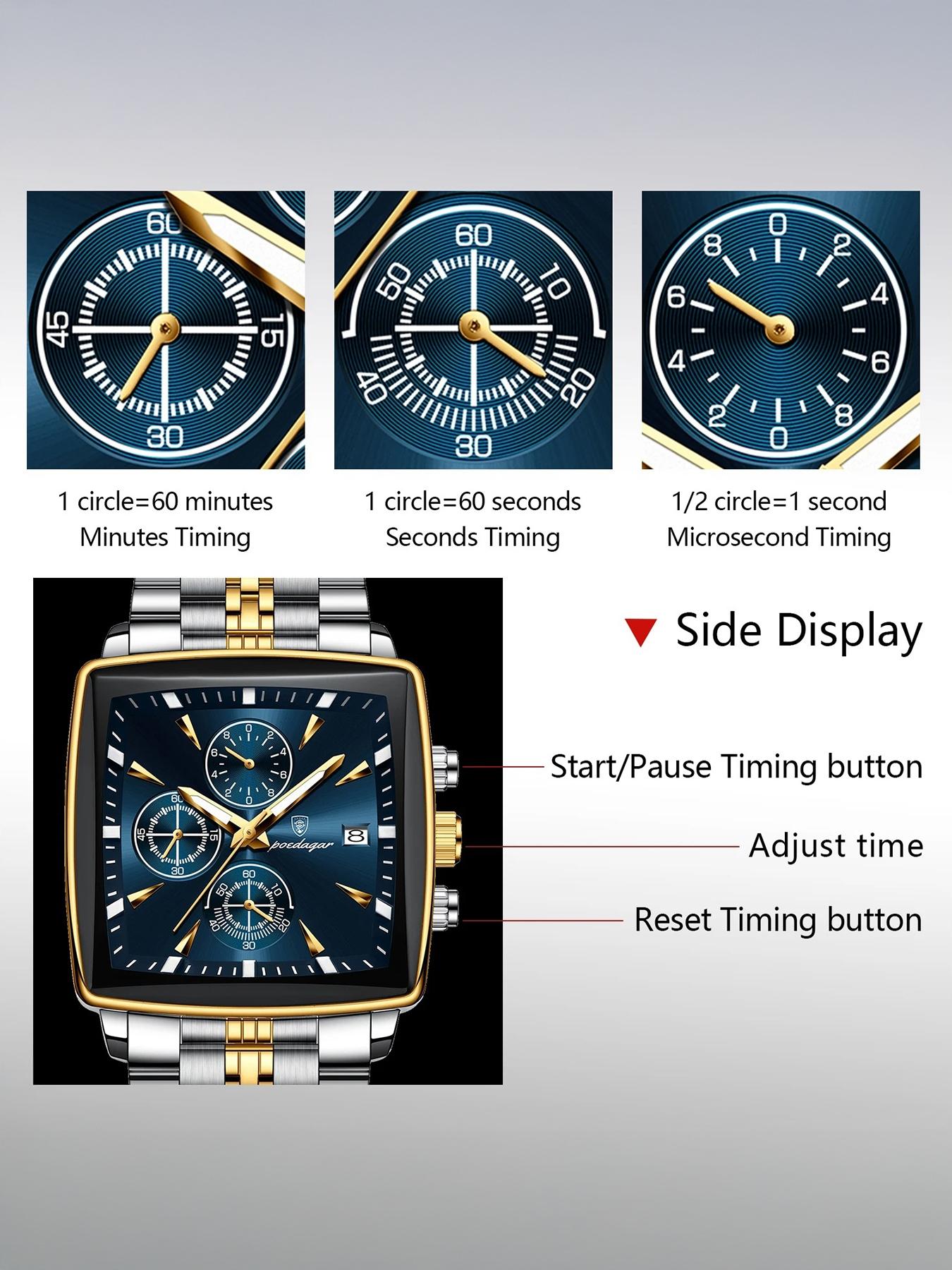 Poedagar Fashion Men's Watch Waterproof Date Men's Square Watch Suitable for Daily Wear and Outdoor Activities Durable Timepiece Stainless Steel Quartz Men's Watch