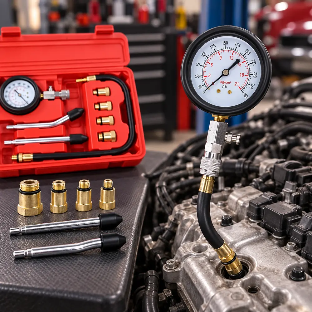 Universal petrol engine compression test tool kit, dual-color pressure gauge, for fast cylinder pressure diagnosis, helps check piston ring valve and gasket issues, for trucks mowers and gasoline engines, shockproof wear-resistant gauge housing