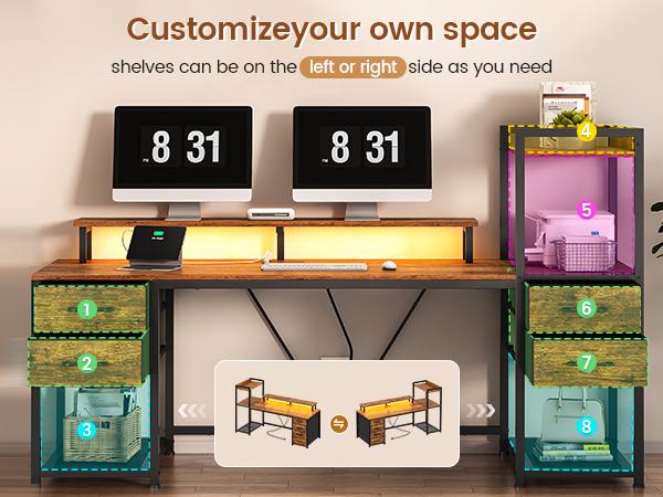 SEDETA 55 Inch LED Gaming Desk Home Office Computer Desk with Large Storage Space，Large Computer Gaming PC Desk, Writing Table Study Desk for Bedroom, Study, Office