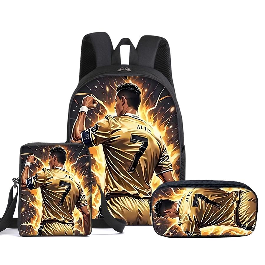CR7 Football pattern printed 16-inch backpack three-piece set (single-layer backpack + small shoulder bag + single-layer pencil bag)