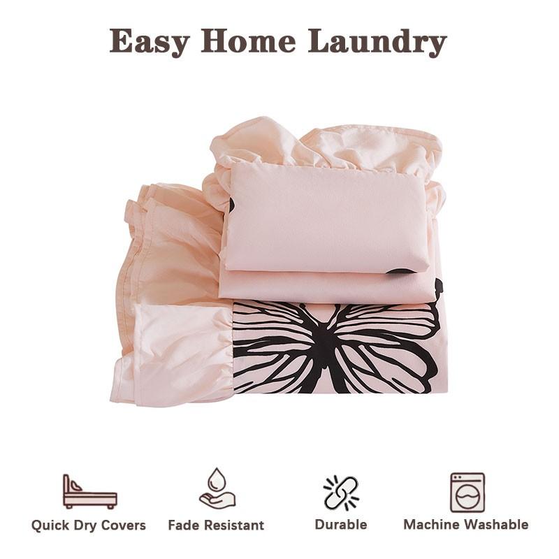 3-Piece Pink Butterfly Print Ruffled Bedding Duvet Cover Set includes 1 ruffled duvet cover and 2 pillowcases (without inserts).The duvet cover is designed with a zipper for easy removal and washing.