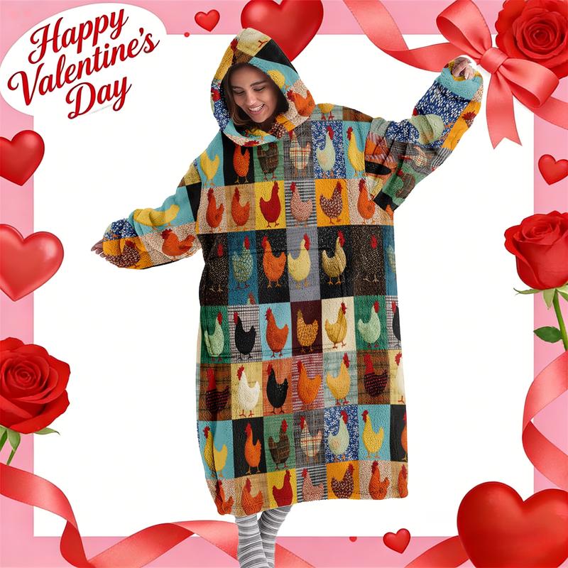 hoodie blanket，Wearable Blanket，Hooded Blanket Wearable Throw, Patchwork Chicken Hoodie Blanket, Digital Print Flannel Soft Warm Blanket for Sofa Home Leisure Air Conditioning Nap Office Bed Camping Travel Gift，Christmas Gift,Valentine's Day gift