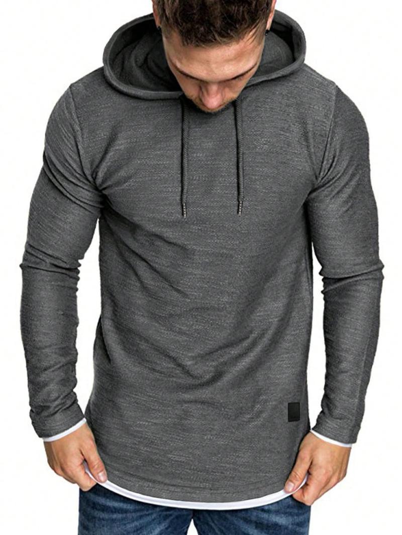 Men's Regular Fit Patched Drawstring Hoodie, Casual Fitted Long Sleeve Contrast Binding Sweatshirt for Spring & Fall, Fashion Men's Clothes for Daily Wear