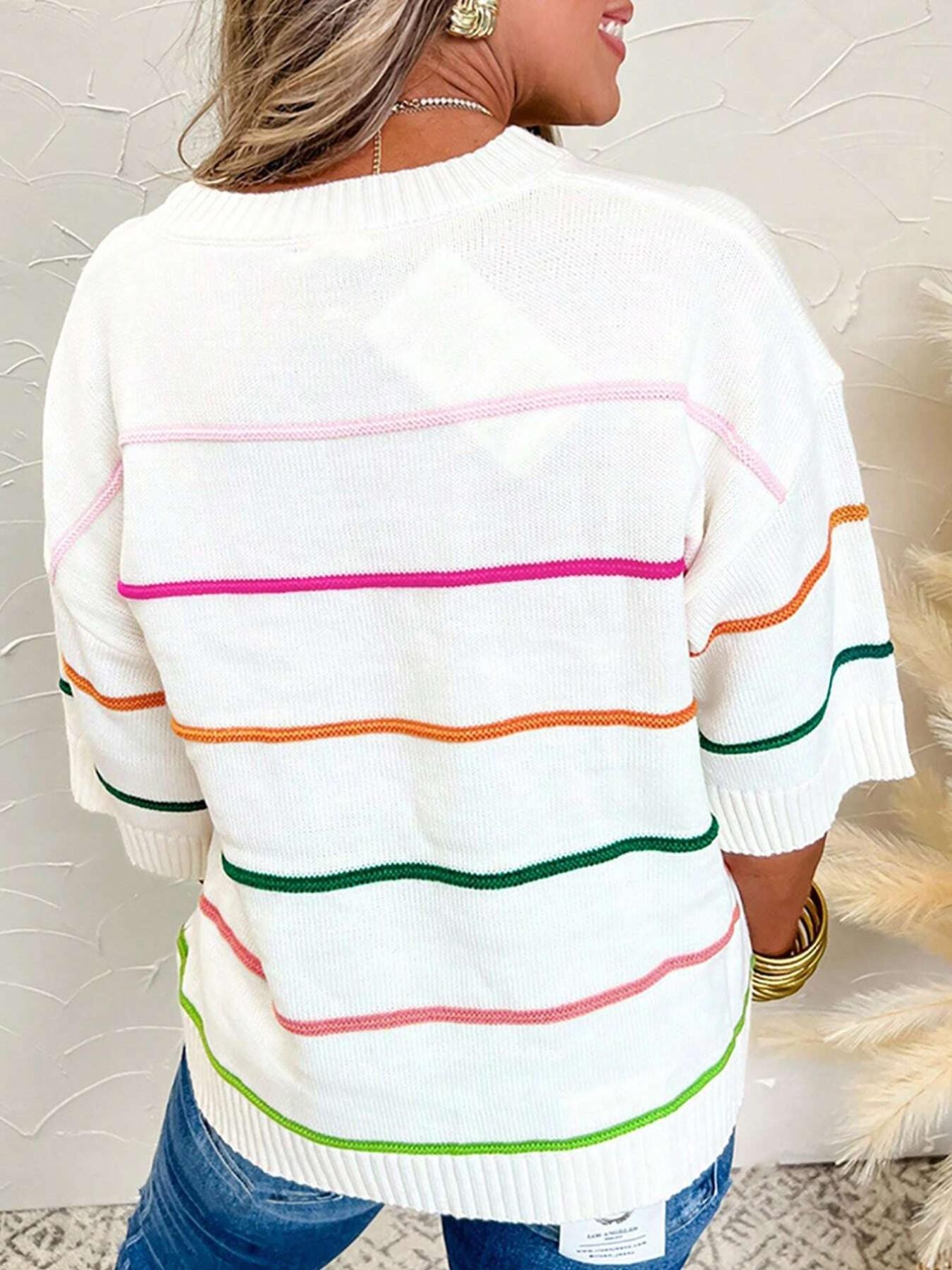 Women's Striped Print Sweater, Casual Short Sleeve Round Neck Jumper for Daily Wear, Ladies Knitwear for Spring & Fall