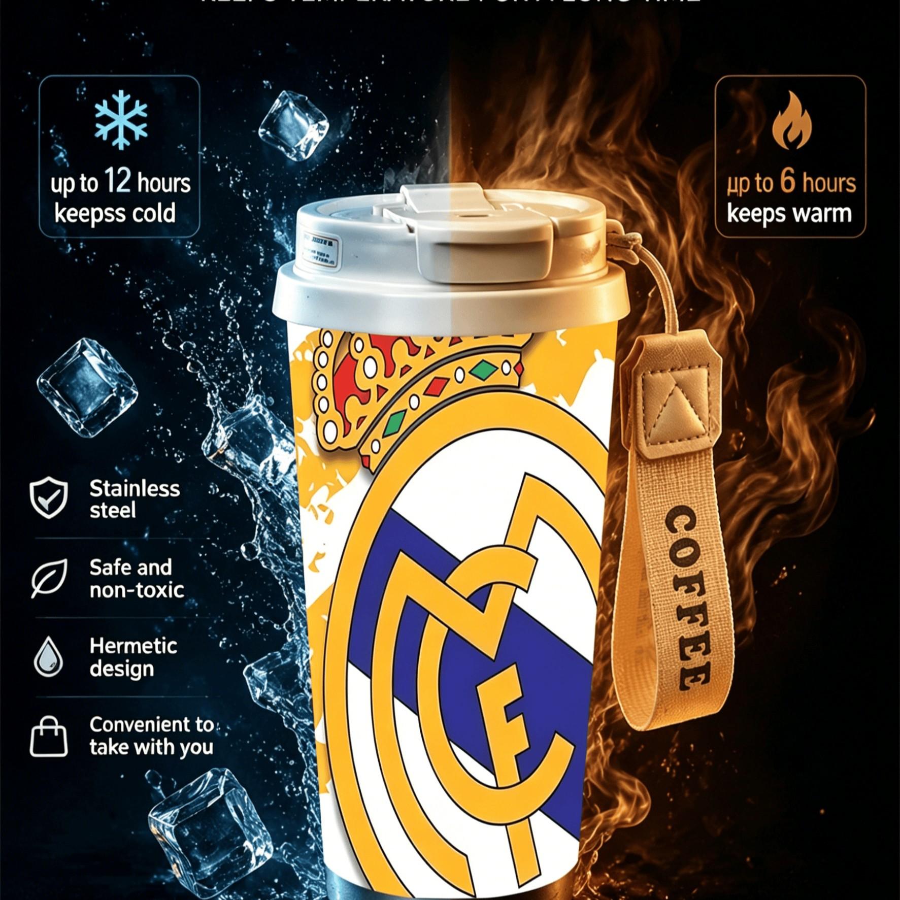1pc Real Madrid Gold Blue Coffee Cup, 18oz Stainless Steel Insulated Double Wall Travel Mug, Dual Layer Heat Cold Preserve, Car Office Home Outdoor Camping