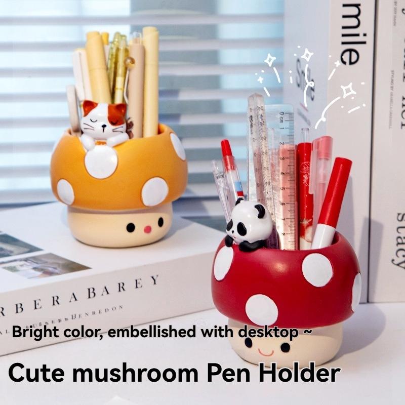 Cute Cartoon Mushroom Pen Holder, Student Desk Organizer, Multi-Functional Creative Storage Decor, Resin Succulent Plant Pot, Handmade Mini Planter, Cute Desk Accessories