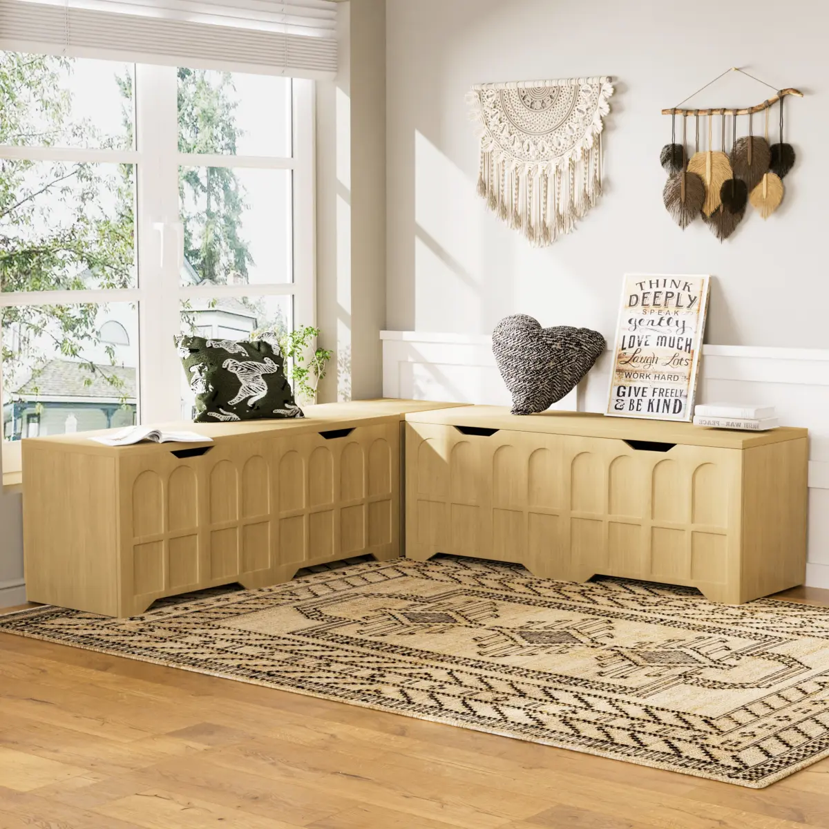 Natural Tone L-Shaped Modular Storage Bench, 63-Inch Corner Flip-Top Storage Ottoman with Removable Thick Cushion, Arched Grooved Lines Particleboard MDF Corner Seating Bench for Living Room, Bedroom, and Entryway