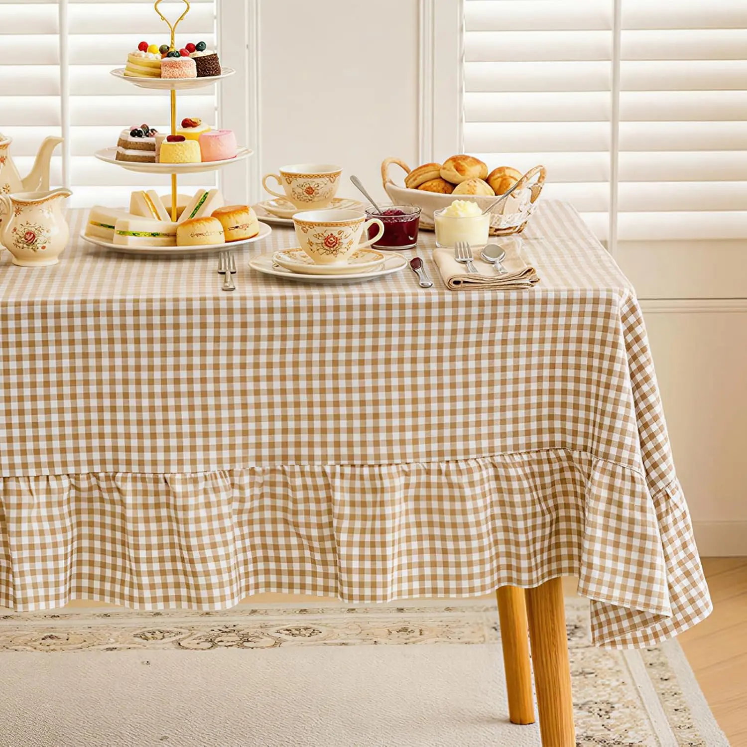 Brown Gingham Ruffled Polyester Tablecloth, 84x60 In Rectangle Buffalo Plaid Cover with Drop Effect, Machine Washable for 4-6 Seats, Farmhouse Rustic Decor for Kitchen Wedding Party