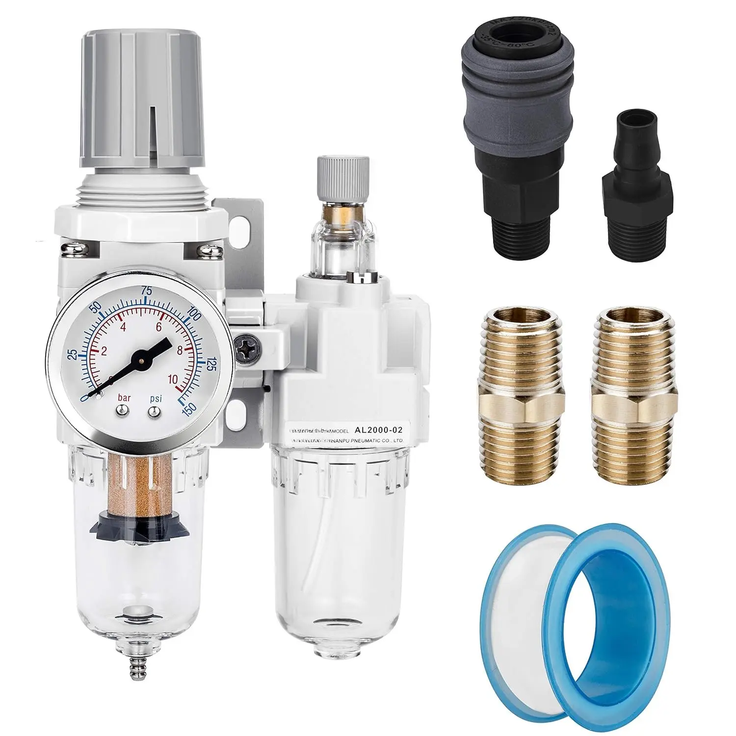 1/4" NPT  Filter Regulator Lubricator Combo Water/Oil  Separator - Gauge(0-150 psi), Poly Bowl, Semi-Auto Drain, Bracket - 3 in 1 Two Unit | 5-micron brass filter, 0-150 psi gauge, poly bowl, semi-auto drain, 18 SCFM, helps protect tools from  and debris