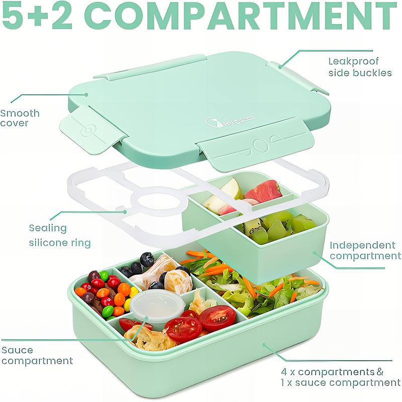 Bugucat Leak-Proof Bento Lunch Box 1300ML with 6 Compartments, Kids & Adult Bento Box with Cutlery, Dishwasher & Microwave Safe, High-Quality PP Material, 22x15x5.5 cm, Ideal for School, Kindergarten, Office