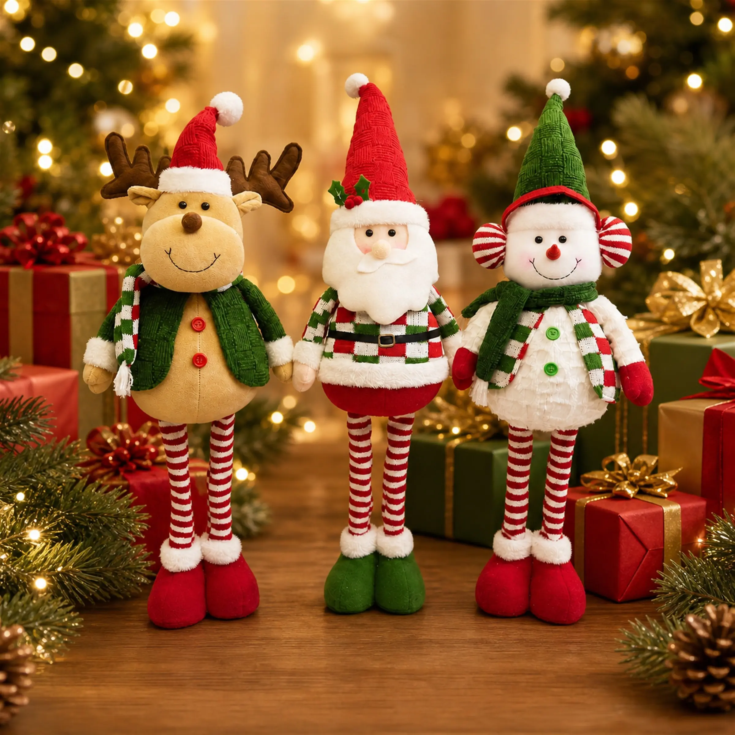 Stretchable Christmas Figurines Set, Santa Snowman Reindeer Long Leg Plush Decor, Holiday Home Window Display, Festive Gift Atmosphere Ornament