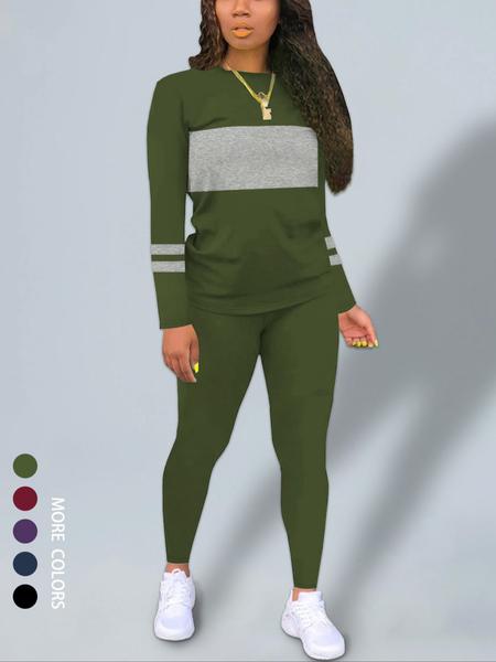Women's Fall New Colorblock Round Neck Long Sleeve Top & Skinny Pants Set, Casual Two-Piece, Comfortable Fashion Clothing