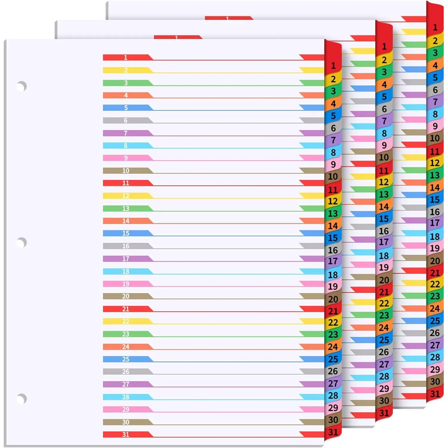 3 Sets 3 Ring Binder Numbered Dividers with Tabs 1-31 Tab Month Dividers for 3 Ring Binders Customizable Table of Contents Page with Multicolor Tabs, Numbered 1-31