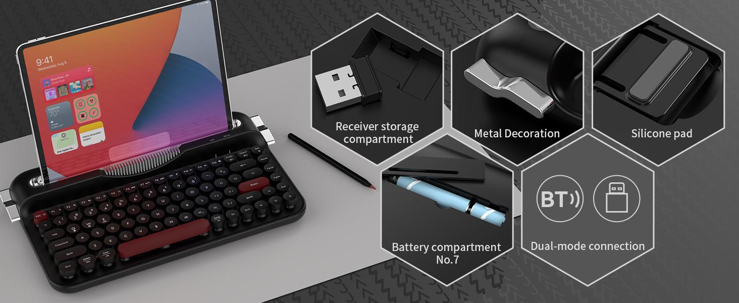 AF84 membrane keyboard wireless dual-mode 2.4G+Bluetooth AJAZZ office keyboard dual color circular keycap retro typewriter keyboard with grooves for placing mobile phones and tablets, high-value girl gift, self provided AAA battery * 2