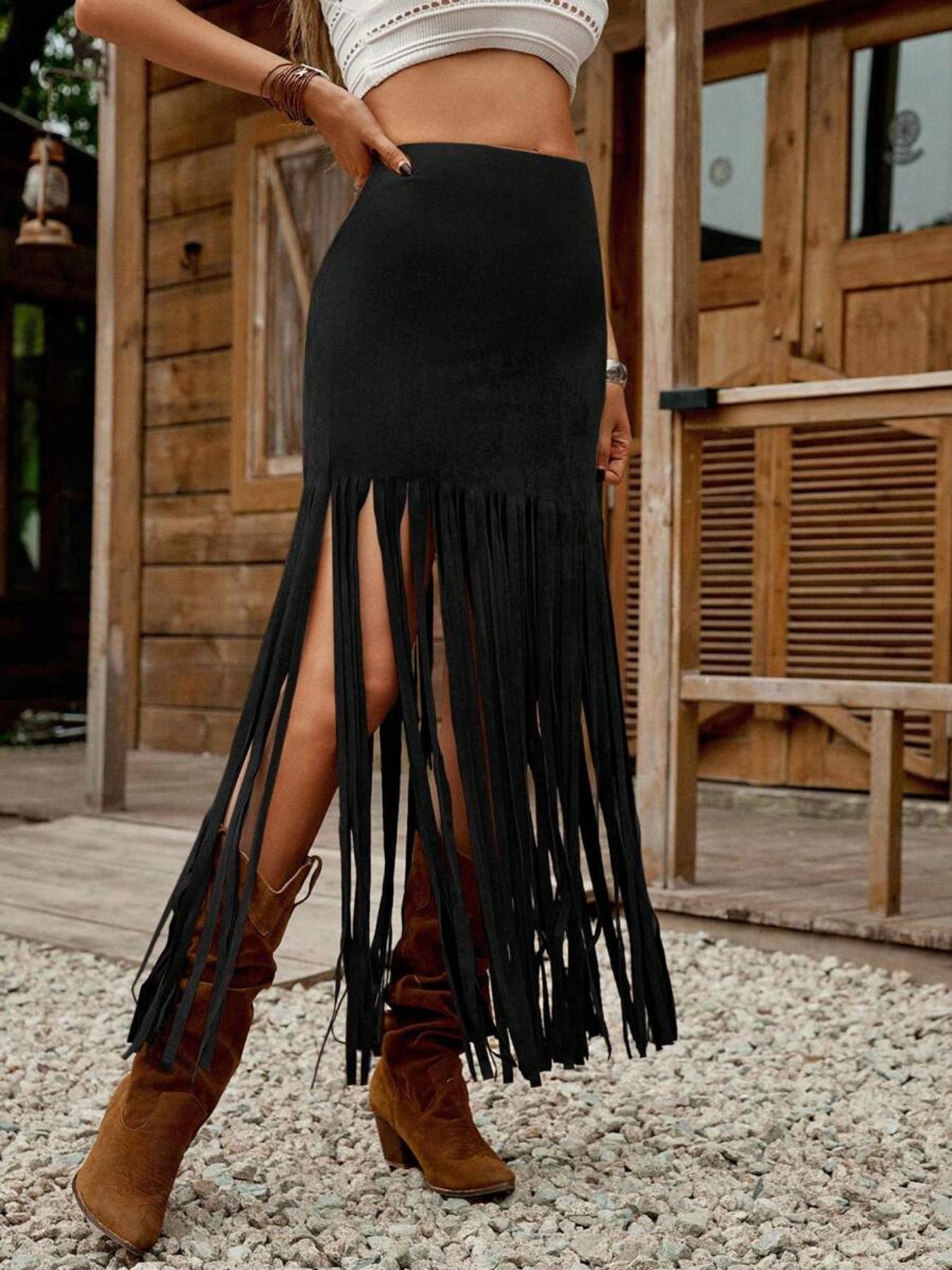 Camel Suede Deer Leather Fringe Hem A-Line Fitted Skirt, Perfect for Spring Summer Country Music Festivals, Fringe Skirt, Bottoms