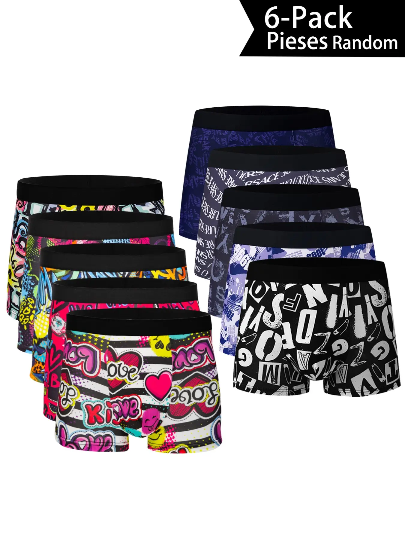 6 Pcs Men's Trendy Printed Boxer Briefs, Geometric Letter Pattern, Soft Fabric, Casual Slim-Fit Trunks, All Seasons Underwear