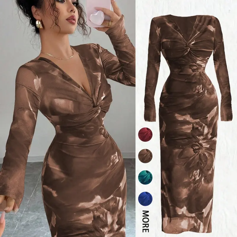 Elegant Chic Spring Autumn Women's Slim-Fitting Formal Long Sleeve with Cross Twist V Neck, Floral Print Design, Perfect for Work Dates and Parties, Workwear, Elegant Fashion Dress