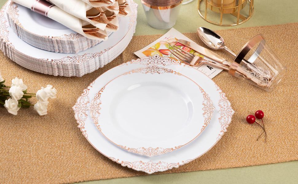 Rose Gold Plastic Dinnerware Set 350PCS - 100 Plates 50 Silverware & Napkins Disposable Cups for Weddings Events Anniversary Elegant Design Premium Quality