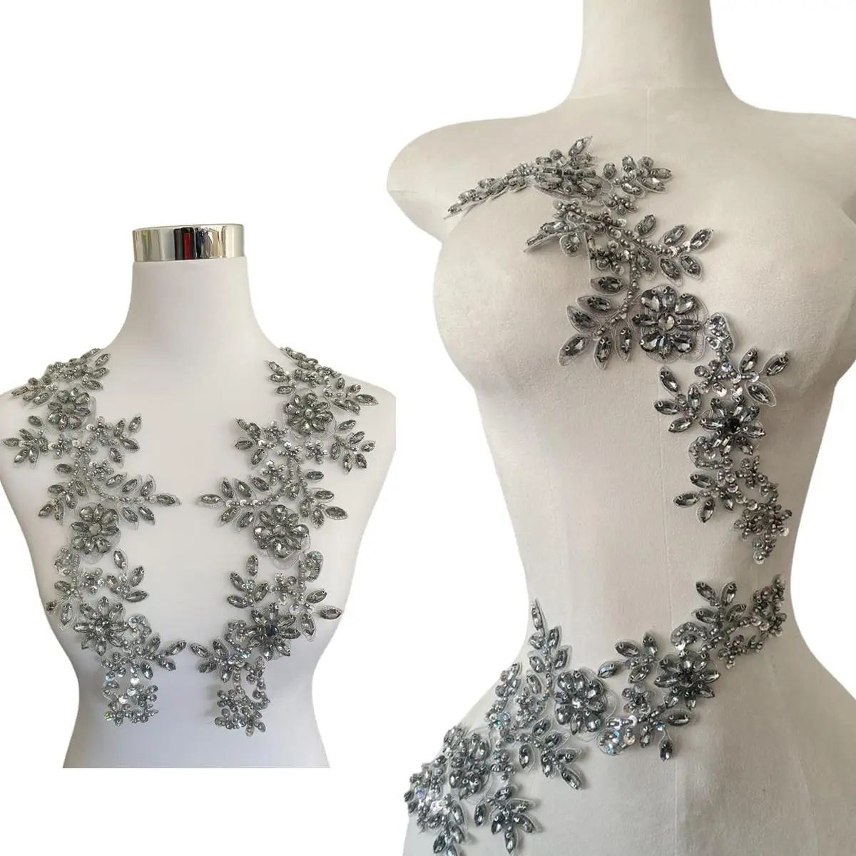2-Pcs Hand-Made Beaded Crystal Stone Rhinestone Lace Flower Appliques, DIY Sewing Accessories for Wedding Dress Decoration (Gray)